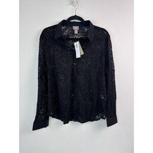 Chico's‎ women's 2 large black lace shirttail button down long sleeve blouse top